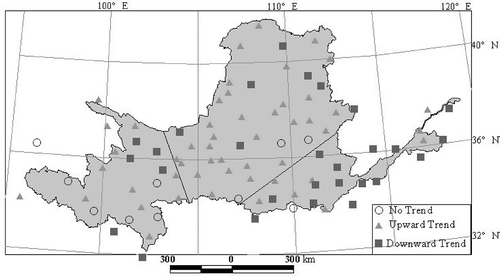 Fig. 5 The upward trends (▴), downward trends (▪), and no trends (○) in annual ETref in the YRB, China in the 1961–2006 period, detected by the Mann-Kendall method.