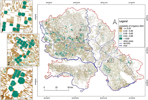 Figure 5. Probability map of irrigated three crops of interest in Vojvodina region in 2022. Examples 1, 2, and 3 are given as an enlarged view of classification results.