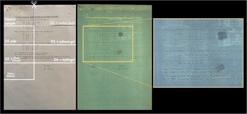 Figure 10. Template of the test implemented on the seven paper samples (left); one of the NIOD donated mid-twentieth-century office paper sample under visible light (left), and under two UV wavelengths: 365 nm (middle) and 254 nm (closeup, right). Under UV 365 nm, darker traces left by water or solvent gels were visible. Under UV 254 nm, additionally to these dark marks the outer fluorescent D5 evaporation line was visible.