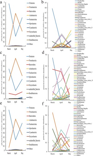 Figure 8. Trends of relative abundances of bacteria in air, feces, and body surface in the doe pen. (a) Air phylum, (b) Air genus, (c) Fecal phylum, (d) Fecal genus, (e) Body surface phylum, and (f) Body surface genus.