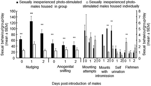 Figure 2. Sexual behaviour (mean ± SEM) in sexually inexperienced photo-stimulated males housed as group in a pen (■), and sexually inexperienced photo-stimulated males housed individually in pens (□). Male goats were rendered sexually active during the non-breeding season by exposure to 16 h of light/8 h of darkness from November 1 to January 15. Afterwards, males received the natural photoperiod. Differences between groups of males were detected *(p <.05), **(p <.0001).