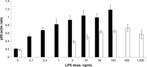 Figure 2 Results of densitometry on developed films of immunoblots of nuclear extract from ThP-1 cells (black) and RaW 264.7 (white) dosed with varying increasing concentrations of lPs (n=3).Notes: Bar charts are displayed with P65:actin ratio mean on the Y-axis and lPs dose (ng/ml) on the X-axis. Means are plotted with standard error of the means. Experiments were repeated three times (n=3).Abbreviation: lPs, lipopolysaccharide.