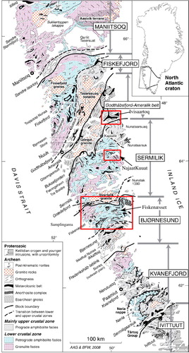 Figure 1. Simplified geological map of southern West Greenland showing the Meso- Neoarchaean crustal blocks of Ivittuut, Kvanefjord, Bjørnesund, Sermilik, Fiskefjord, and Maniitsoq (modified from Windley & Garde, Citation2009).