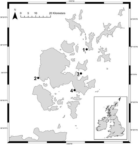 Figure 4. Map of test sites used by the European Marine Energy Centre: (1) Fall of Warness (59° 08.852’ N; 002° 48.101’ W); (2) Billia Croo (55° 58.795’ N; 003° 23.029’ W); (3) Shapinsay Sound (59° 00.165’ N; 002° 53.183’ W); (4) Scapa Flow (58° 53.657’ N; 002° 57.128’ W).