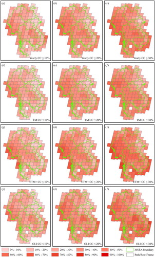 Figure 2. Yearly average of acquisition probabilities (AP) of Landsat historical data (93,234 scenes) over MSEA and Yunnan Province, China between 1986 and 2015, including data from TM, ETM+, and OLI sensors at 10%, 20%, and 30% CC thresholds.