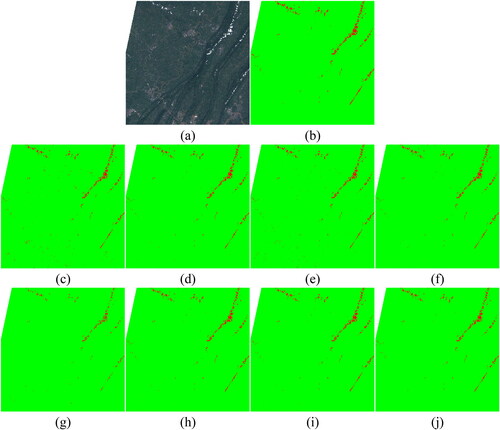 Figure 19. Linshui (China) (a) True Color image, (b) Manual reference mask, generated cloud mask by: (c) RF with traditional texture features (d) RF with deep features (e) XGBoost with traditional texture features (f) XGBoost with deep features, (g) SVM with traditional texture features, and (h) SVM with deep features, (i) Resnet, and (j) CD-FM3SF-4.