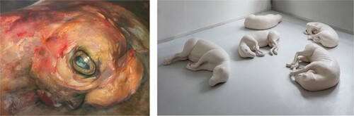 Figure 4. Two examples of artworks included in the ALP relating to the themes animal exploitation, evolution and creation, respectively. Left: Sheep eye [Painting], by K. Broos, 2019, Alma Löv Museum of Unexp. Art, Östra Ämtervik, Sweden. Copyright 2019 by Karin Broos. Right: Sleepers [Sculpture], by Lovisa Ringborg, 2020, Stockholm, Sweden. Copyright 2019 by Lovisa Ringborg.