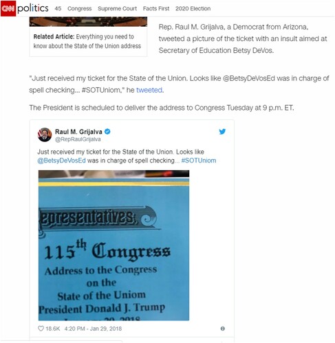 Figure 2. A CNN story says a source ‘tweeted,’ quotes the tweet in full, links to it, and then embeds it.