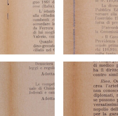 Figure 4. Historical paper from mechanical wood pulp untreated (top left), coated with Japanese paper 4 gm2 (top right), coated with CNC 3 wt% (bottom left) and CNC 3 wt% + CNF 0.5 wt% (bottom right). The thin fibres of the Japanese paper are slightly veiling the writing in the text area. The coating with CNF and CNC has no negative effect on the appearance of the paper or the printed areas.