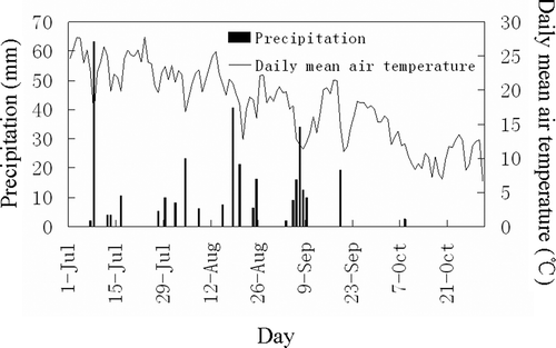 Figure 1 Precipitation and daily mean air temperature at the study site for the study period of 2009.