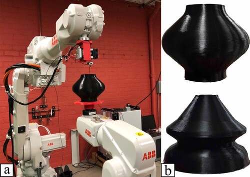 Figure 12. (a) A 6-axis robotic arm printing on a platform controlled by a 3-axis robotic arm, (b) example of an object produced by the system (Bhatt et al. Citation2019c).