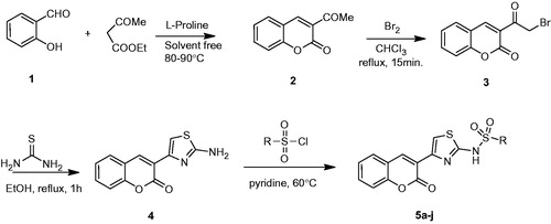 Scheme 1. Synthesis of new sulphonamides substituted coumarylthiazole (5a–j) derivatives.