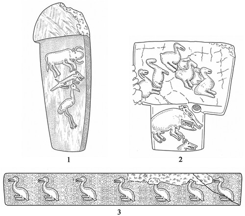 Figure 9 Birds depicted on monumental Pillars A2, B12, and D18, Göbekli Tepe (Schmidt Citation2011: figs 14, 8, 34; Citation2013: fig. 2).