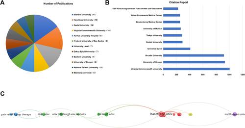 Figure 2 Highest impact institutions publishing on SIS. (A) The 10 institutions with the most publications. (B) The 10 institutions with the most citations. (C) Network visualization map demonstrating institutional collaborations related to SIS.