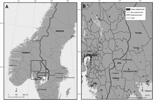 Fig. 1. The location of the study area, with the Swedish–Norwegian border region (left) and municipalities (right)