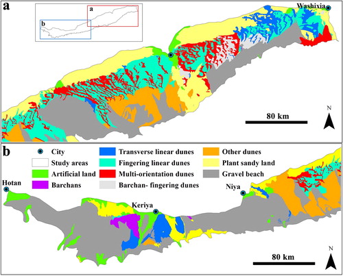 Figure 5. Spatial distribution of dunes on the southern margin of the Taklimakan Desert in (a) the east of the study area and (b) the west of the study area. Gravel beach represents the landform in which the surface sediment is composed of gravels and sands (Figure 8(c)). Plant sandy land represents the landform in which the land surfaces have a sparse vegetation; the nebkhas or vegetated linear dunes may occur in this region (Figure 6(d)). Source: Author