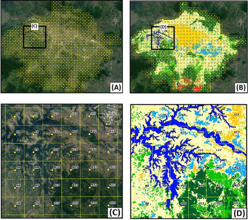 Figure 3. Example the validation and proportion training samples based on the making the Grid Index Feature (GIF) with a size of 2 km×2 km was used to determine the number of sample points in the calculation accuracy of assessment. In stratified sampling can be obtained a total of 650 points based center point of each polygon GIF. (A, C) SPOT 6 in 2016. (B,D) Land use map in 2016 based on the classification using Maximum Likelihood algorithm.