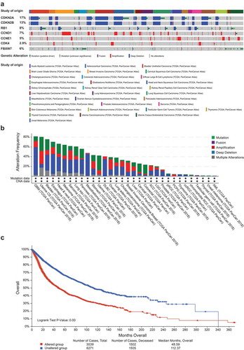 Figure 2. Genes commonly perturbed in cancer (a); Cancer types and alteration frequency (b); Poorer overall survival associated with gene alterations (c)