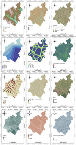 Figure 3. Environmental factors for landslides. (a) DEM, (b) Slope, (c) aspect, (d) MAP, (e) distance to road, (f) topographic roughness, (g) lithology, (h) TWI, (i) NDVI, (j) NDBI, (k) MNDWI, (l) total surface radiation.