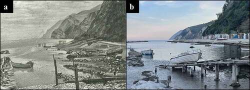 Figure 2. (a) View of the pristine coastline of the Passetto (1928), before the construction of the docks and fishermen caves. Picture modified from Turchetti and Tarsetti (Citation2007). (b) Nowadays view of the Passetto waterfront from the same angle, showing break walls, beach nourishments, caves and in the back the uppermost floor of the elevator.