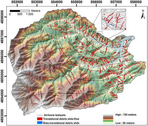 Figure 3. Comparison between the landslide inventory map and 24 h isohyets of the 25 October 2011 rainfall in a 5×5 m DEM. The box shows a zoom of the landslide inventory.