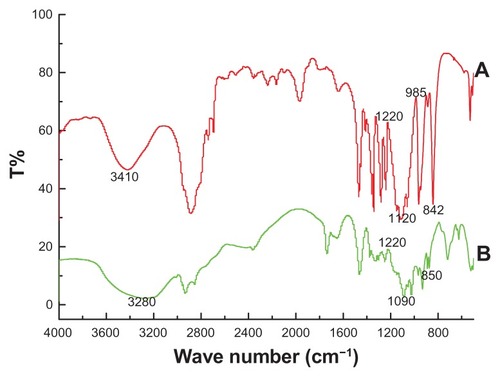 Figure 3 Fourier transform infrared spectra of (A) pure PEG-2000 and (B) PEGylated OA liposomes.Note: 2% (w/w) of sample was mixed with dry potassium bromide, compressed into KBr disc and then scanned in the range of 4000 cm−1 to 400 cm−1.Abbreviations: OA, oleanolic acid; PEG, polyethylene glycol.