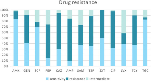 Figure 3 Resistance of Acinetobacterbaumannii. Drug resistance about Acinetobacterbaumannii includes amikacin/gentamicin, sulbactam and cefoperazone, cefepime/ceftazidime/ampicillin, ampicillin/sulbactam, piperacillin /tazobactam, compound sulfamethoxazole, and ciprofloxacin/levofloxacin/tetracycline/tigecycline.