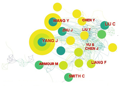 Figure 5 Map of authors related to acupuncture for PD from 2001 to 2021.