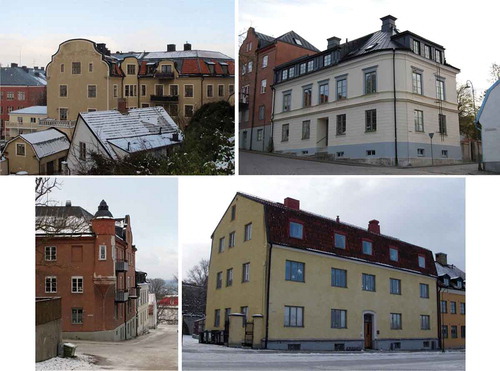 Figure 1. The four case study buildings in Visby, Sweden. They are all located in the town centre, which is protected as a World Heritage Site. Restrictions apply when altering the facades. Photo: Uppsala University.