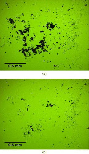FIG. 7 Microscopic images of TNT on glass, both before and after interrogation, by an air jet pulse (4.75 mm diameter nozzle, 655 kPa reservoir pressure, 47 mm standoff distance). (a) TNT before air jet interrogation. (b) TNT after air jet interrogation. (Color figure available online.)