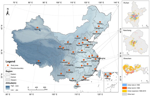 Figure 1. Spatial distribution of 32 major cities in China, with the background map indicating the topography of China. The three geographic divisions in China (eastern, central, and western regions) are illustrated. Urban expansion between 1990 and 2015, and the associated urban lakes in Wuhan, Nanchang, and Shenzhen are highlighted.
