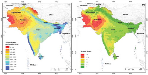Figure 6. Annual average precipitation (a) and drought degree (b) in South Asia during the last 30 years.