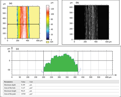 Figure 3. (a) The position of the cross-sectional measurement (b) the actual fibre and (c) results of the cross-sectional area analysis of the untreated fibre.