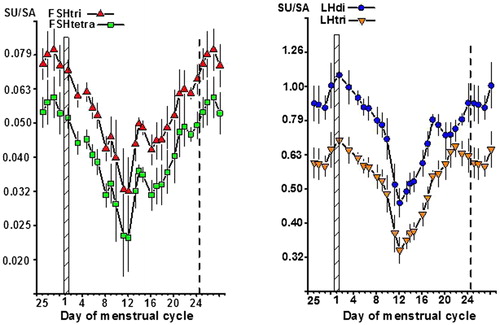 Figure 6. Ratios between number of sialic acid (SA) and sulfonated N-acetylgalactosamine (SU) residues per molecule on FSHtri and FSHtetra, left panel, and on LHdi and LHtri, right panel, during the normal menstrual cycle. See also legend to Figure 1.