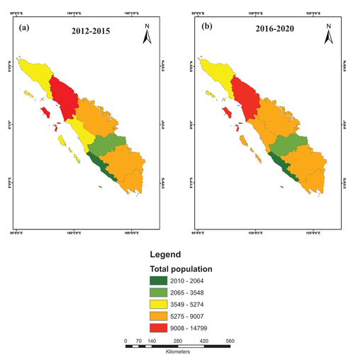 Figure 4. Spatial variation of total populaton in Sumatra during (a) 2012–2015 and (b) 2016–2020.