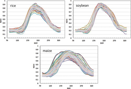 Figure 5. Smoothed NDVI profiles for ground samples in Liaoning Province. The numbers of samples are 120, 90, and 75 for maize, rice, and soybean, respectively.
