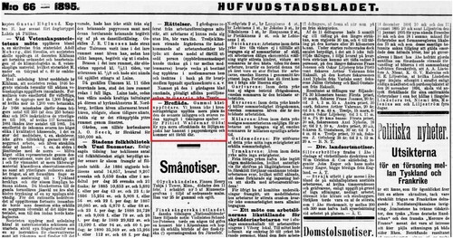 PICTURE 1. Correspondence column ‘Breflåda’ in a national Swedish-speaking newspaper Hufvudstadsbladet 20 March 1895. National Library's Digital Collections.