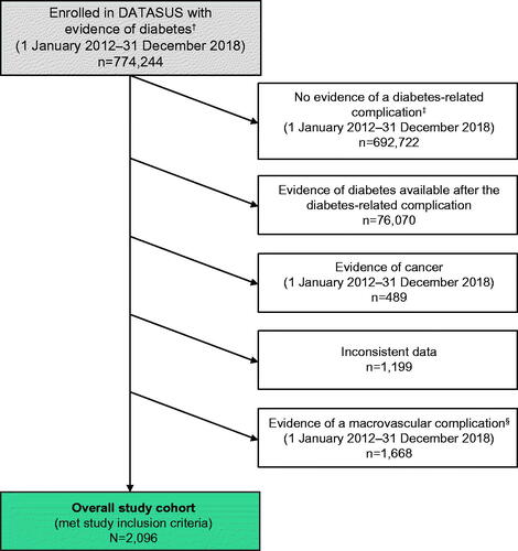 Figure 1. Patient flow diagram. The overall study cohort included patients enrolled in DATASUS with evidence of diabetes and a microvascular complication during the study period who did not meet any exclusion criteria. †Defined as ≥1 record with an accepted ICD-10 diagnosis code for diabetes (Table 1); ‡defined as ≥1 record with an accepted ICD-10 diagnosis code for a microvascular (Table 1) or macrovascular (Table S1) complication; §defined as ≥1 record with an accepted ICD-10 diagnosis code for a macrovascular complication (Table S1). Abbreviations. DATASUS, Ministry of Health’s Information Technology Department; ICD-10, International Classification of Diseases, 10th Revision.