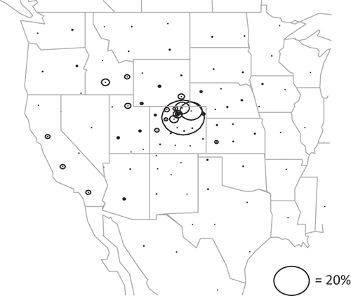 Figure 11. Relative average contributions of various source regions to modeled ammonia at the receptor site. The location of each circle corresponds to the centroid of a source area, while the size of the circle represents the fractional contribution of the source area to the average ammonia concentration at RMNP. The largest circle corresponds to the northern Front Range of Colorado and represents a 27% contribution.