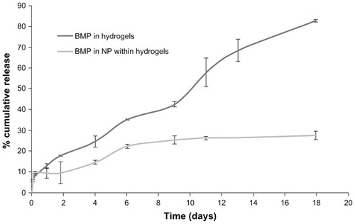 Figure 5 In vitro release of BMP7 from gellan xanthan gels and BMP7 from chitosan nanoparticles within gellan xanthan gels.Abbreviations: BMP, bone morphogenetic protein; NP, nanoparticles.