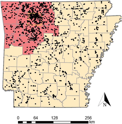Figure 1. Sampling locations for white-tailed deer tissues from Arkansas evaluated in this study. The red shaded area indicates the 16 counties included in the 2019 Chronic Wasting Disease Management Zone (CWDMZ), with a yellow boundary surrounding a focal area encompassing Newton County. Black dots represent collection localities for each individual tissue. Note that the boundaries of the CWDMZ have since expanded