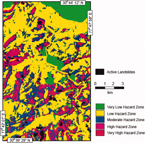 Figure 7. Landslide hazard zonation (LHZ) map obtained from the geographical information system (GIS) analysis. The map is superposed with active landslide areas. Available in colour online.