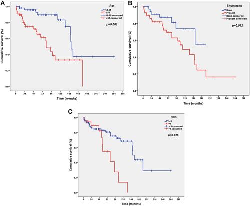 Figure 2 Overall survival (OS) according to age (A), B symptoms (B), Cumulative Disease Rating Score (CIRS) (C).