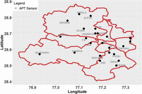 Figure 1. Locations of the APT low-cost sensor nodes co-located with reference BAM instruments (as indicated by the solid dots) in Delhi. For location abbreviation: refer to Table S1 in the supplementary information