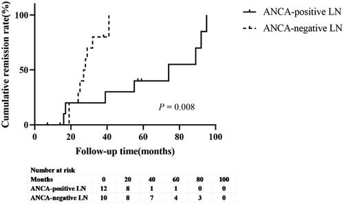 Figure 4. Kaplan–Meier survival curve of proteinuria remission rate between the antineutrophil cytoplasmic antibody (ANCA)-positive lupus nephritis (LN) group and the ANCA-negative LN group.