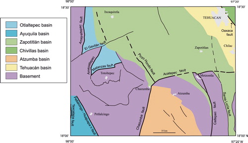 Figure 3. Spatial distribution of the six tectonic basins mentioned in the work and the faults that delimit them. The major Caltepec fault that juxtaposes the Mixteco (western block) and the Zapoteco (eastern block) tectonostratigraphic terranes (CitationSedlock, Ortega-Gutiérrez, & Speed, 1993) is also shown. The Oaxaca fault delimits the Chivillas and Tehuacán basins, and is the boundary between the Zapoteco and the Cuicateco tectonostratigraphic terranes (CitationSedlock et al., 1993).