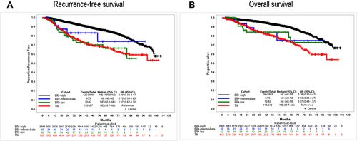 Figure 2 Clinical outcomes of patients with TN, ER+-low, ER+-intermediate, and ER+-high BCs. Triple negative was defined as ER and PR < 1% staining,; ER+-low, 1–9.99% staining; ER+-intermediate, 10–19.99%; ER+-high ≥ 20% staining. Panel (A) shows recurrence-free survival; panel (B) shows overall survival.