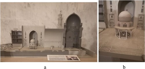 Figure 10. (a) Showing the mock-up of the main mosque of the ‘Sultan Hassan’ mosque inside the museum, (b) mock-up of the central part of the ‘Sultan Hassan’ mosque inside the museum.