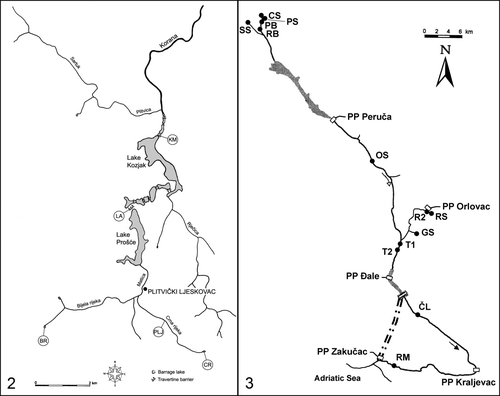 Figures 2–3. Maps of the study areas with sampling sites in the (2) Plitvice Lakes National Park and (3) Cetina River system.