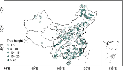 Figure 6. The spatial distribution of mean tree height over China. The inlet shows the frequency distribution of tree height (green bars) and the fitted probability density function (dark orange line).